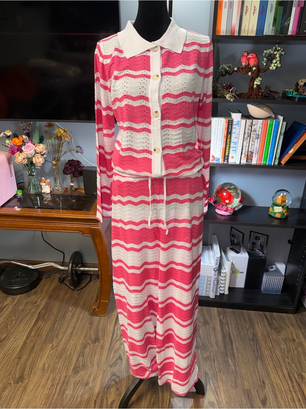 Striped Pink and White Long-Sleeve Set with Drawstring Waist/NWOT